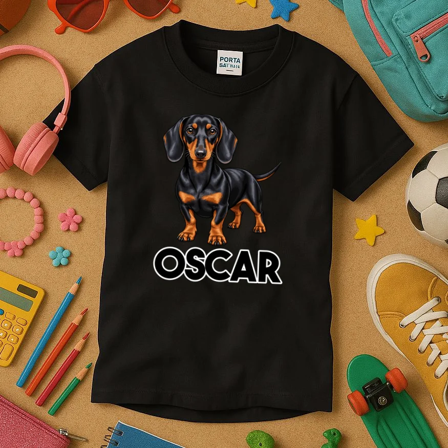 Dachshund Personalized Pet Name Dog Kids T-Shirt - Front 2
