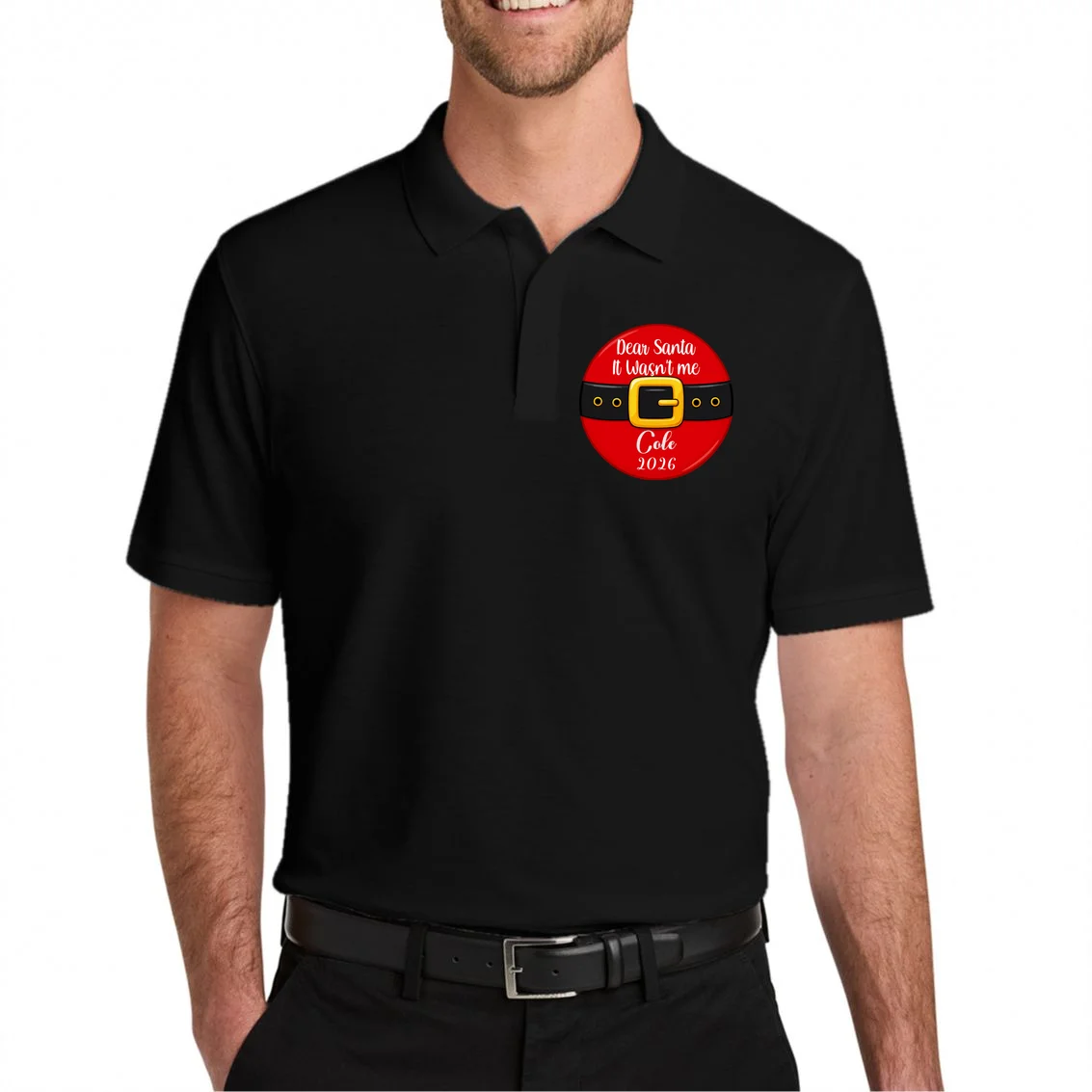 Custom Dear Santa Christmas Belt | Funny Santa Claus Holiday Design Men's Polo - Front 1