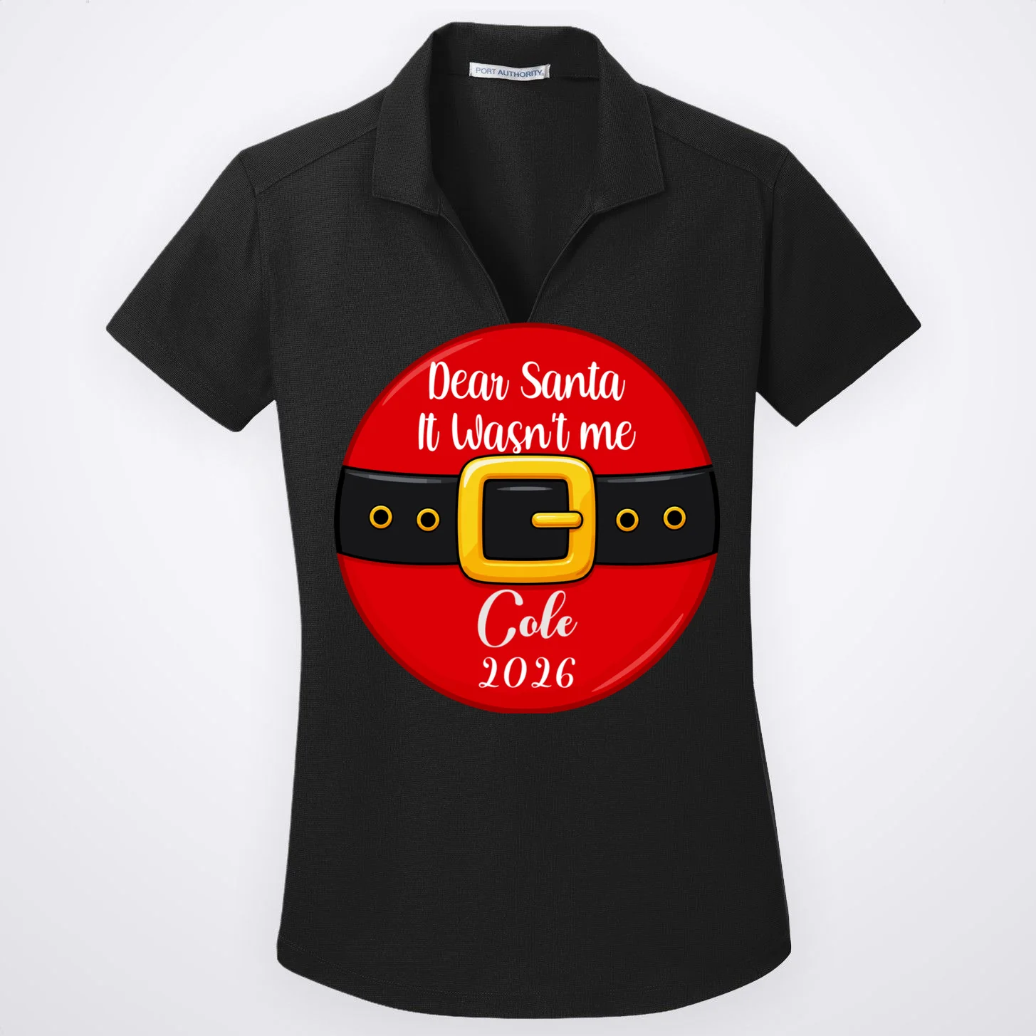 Custom Dear Santa Christmas Belt | Funny Santa Claus Holiday Design Women's Polo Front
