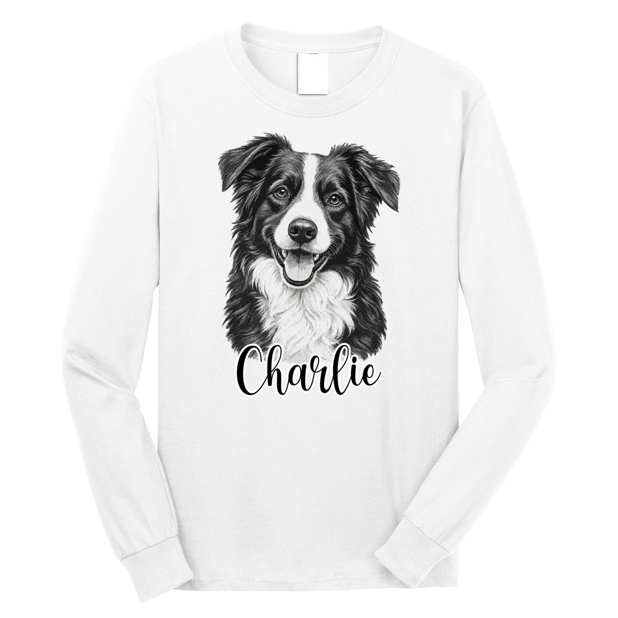 Dog Sketch Portrait Personalized Photo Custom Gift - Hand Drawn Pet Portrait Design Men's Long Sleeve Shirt Front