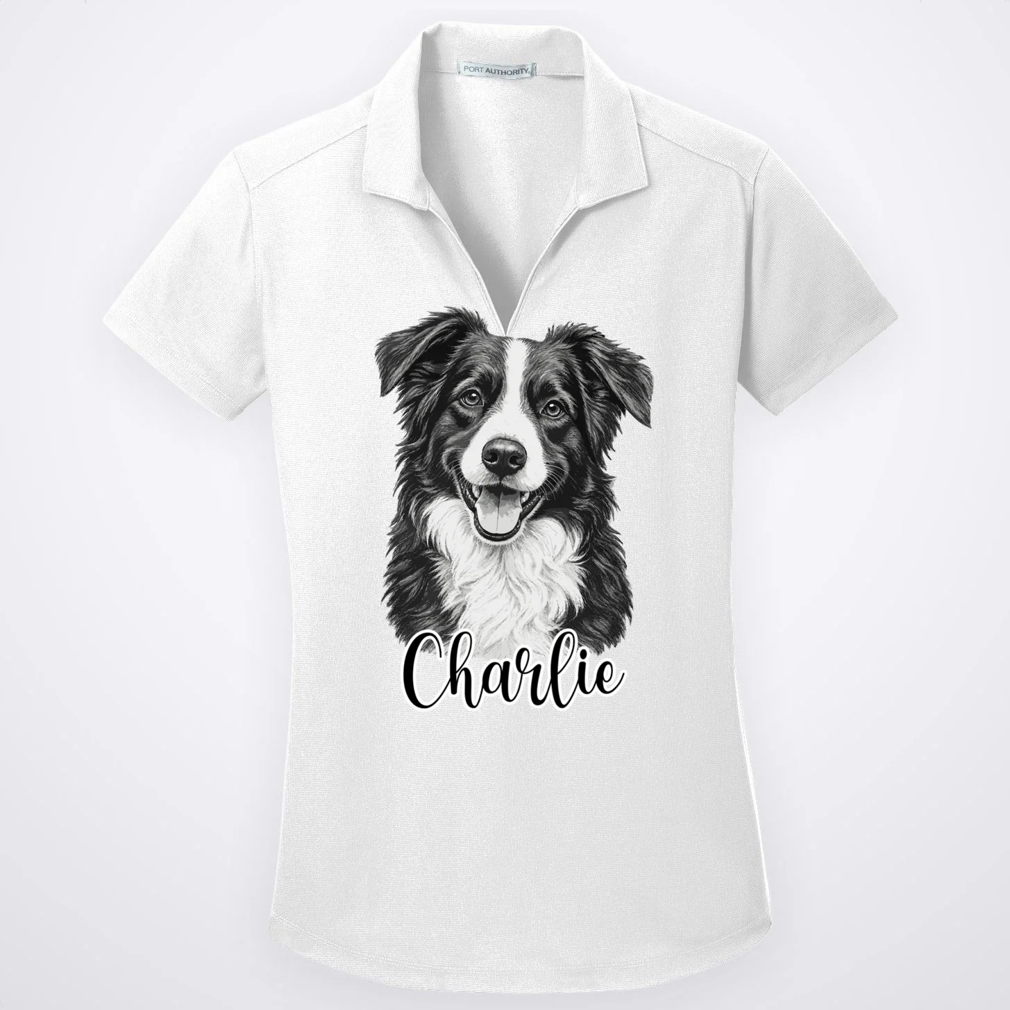 Dog Sketch Portrait Personalized Photo Custom Gift - Hand Drawn Pet Portrait Design Women's Polo Front