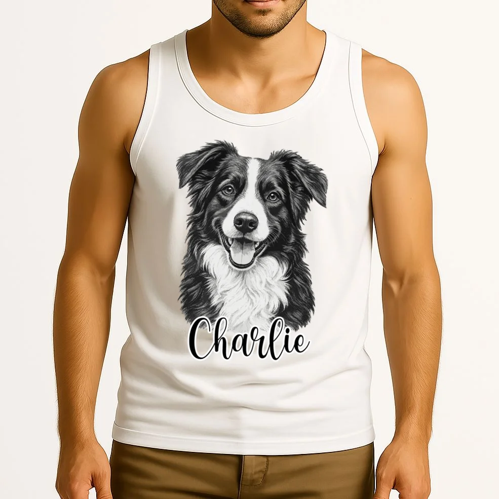 Dog Sketch Portrait Personalized Photo Custom Gift - Hand Drawn Pet Portrait Design Men's Tank Top - Front 2