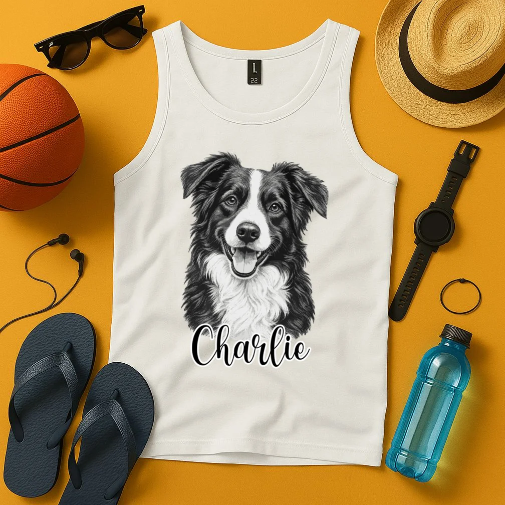 Dog Sketch Portrait Personalized Photo Custom Gift - Hand Drawn Pet Portrait Design Men's Tank Top - Front 3