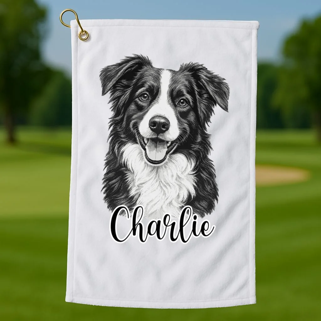 Dog Sketch Portrait Personalized Photo Custom Gift - Hand Drawn Pet Portrait Design Golf Towel - Front 1