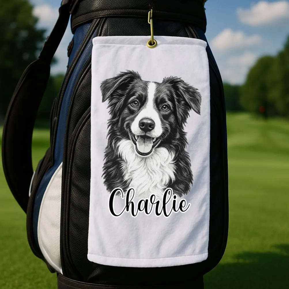Dog Sketch Portrait Personalized Photo Custom Gift - Hand Drawn Pet Portrait Design Golf Towel - Front 2