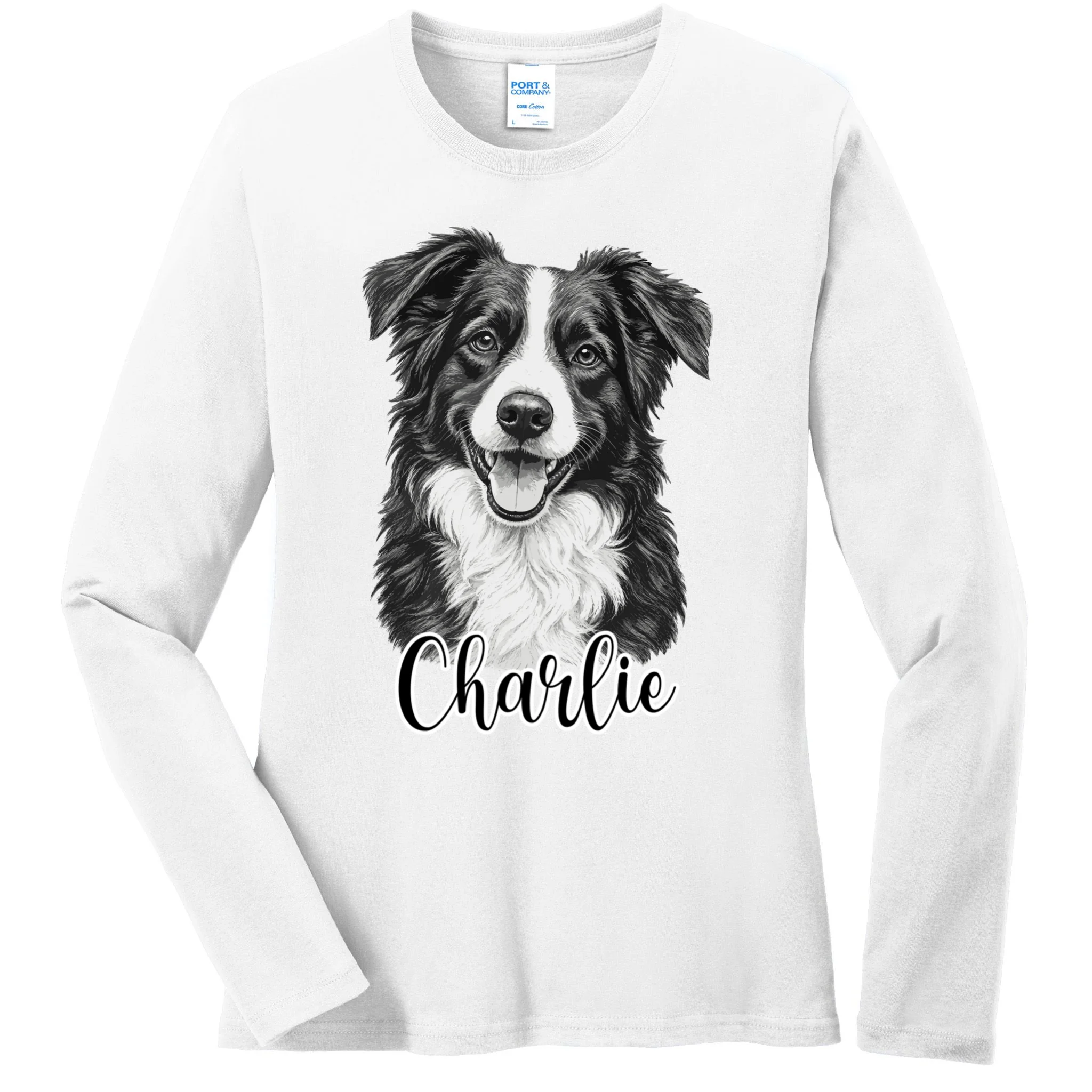 Dog Sketch Portrait Personalized Photo Custom Gift - Hand Drawn Pet Portrait Design Women's Long Sleeve Shirt Front