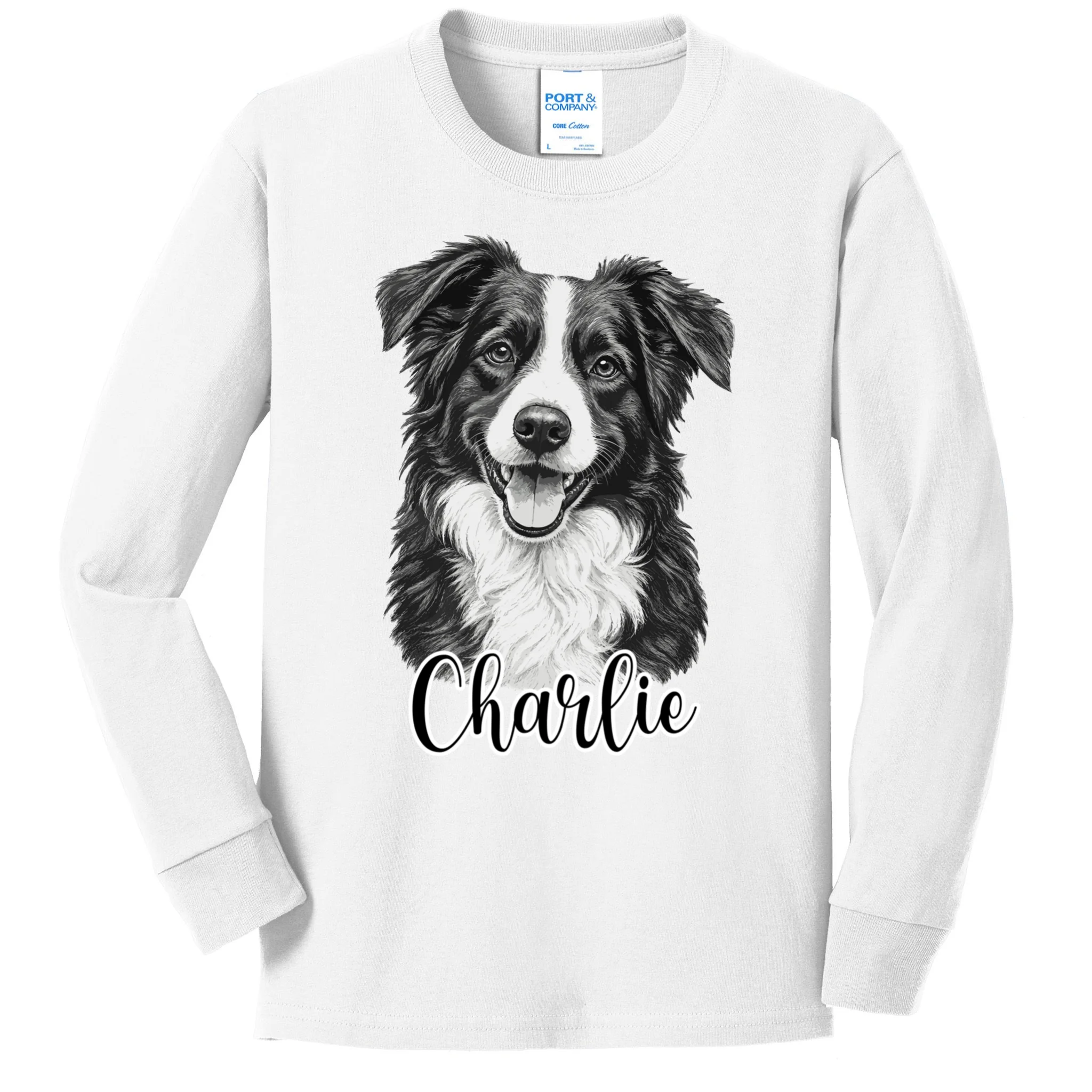 Dog Sketch Portrait Personalized Photo Custom Gift - Hand Drawn Pet Portrait Design Kids Long Sleeve Shirt Front