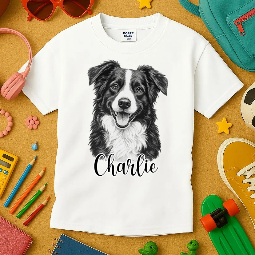 Dog Sketch Portrait Personalized Photo Custom Gift - Hand Drawn Pet Portrait Design Kids T-Shirt - Front 2