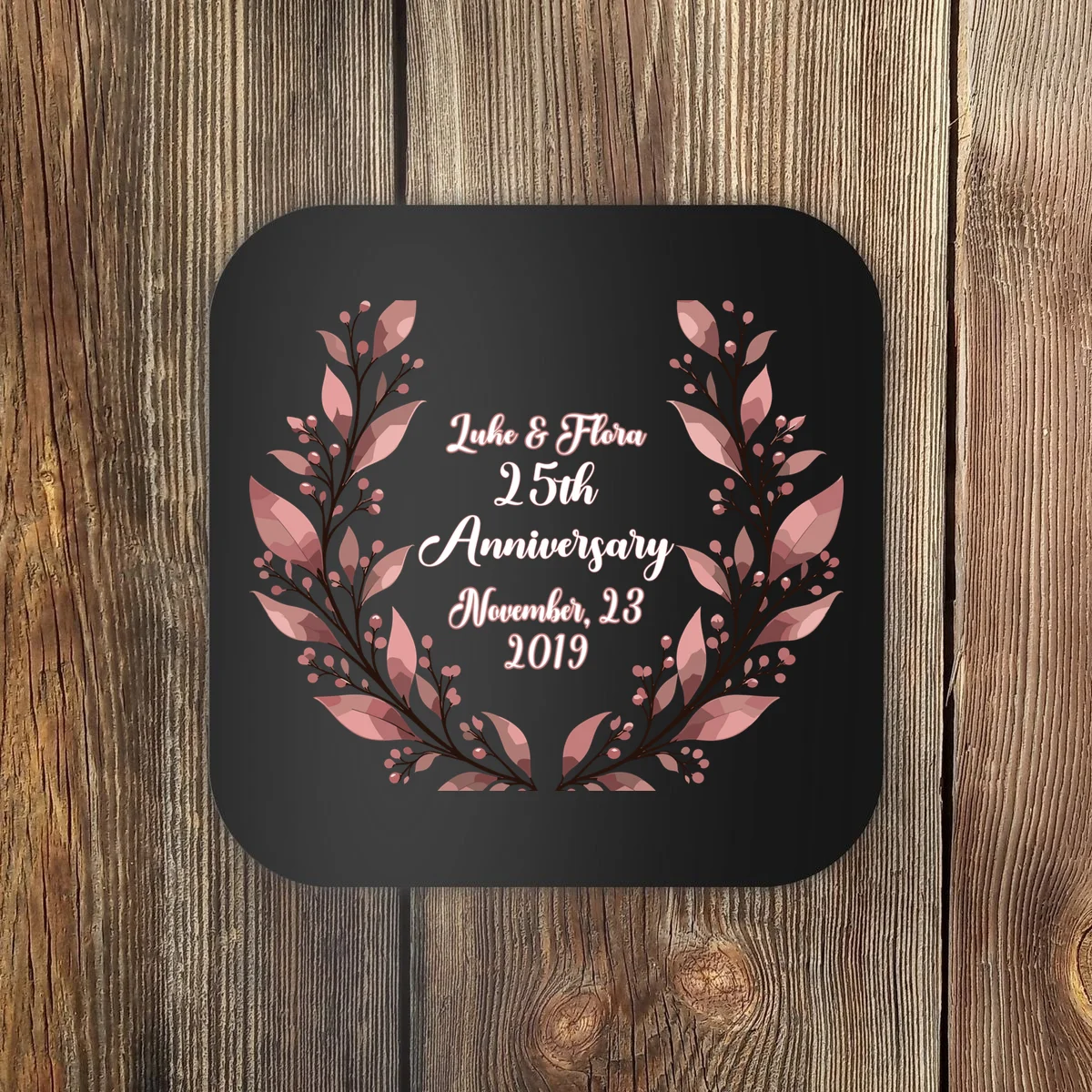 Elegant Blush Floral 25th Anniversary Celebration Coaster - Front