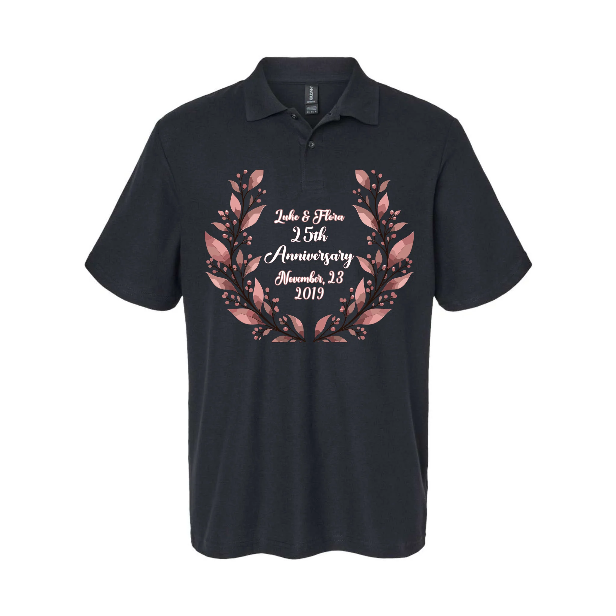 Elegant Blush Floral 25th Anniversary Celebration Men's Polo Front