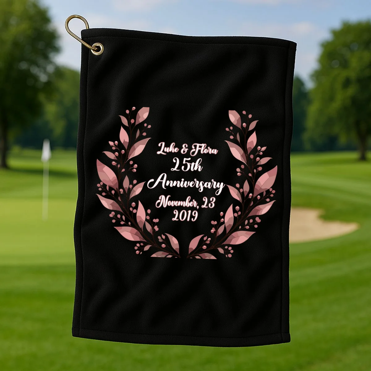 Elegant Blush Floral 25th Anniversary Celebration Golf Towel - Front 1