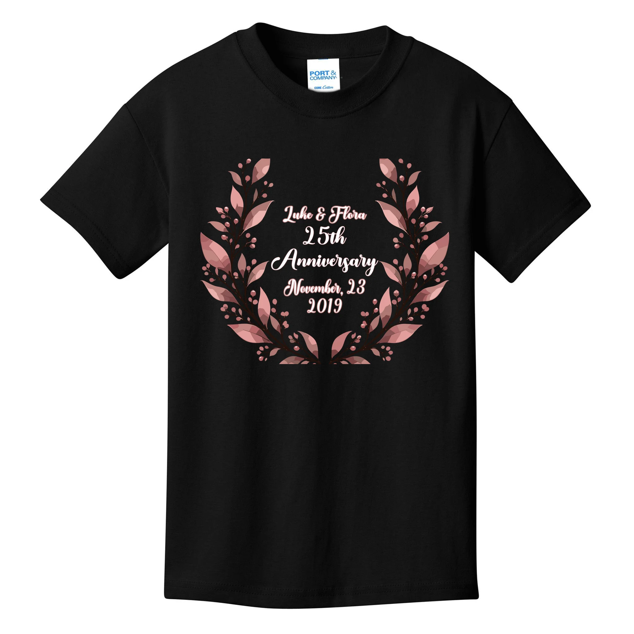 Elegant Blush Floral 25th Anniversary Celebration Kids T-Shirt - Front