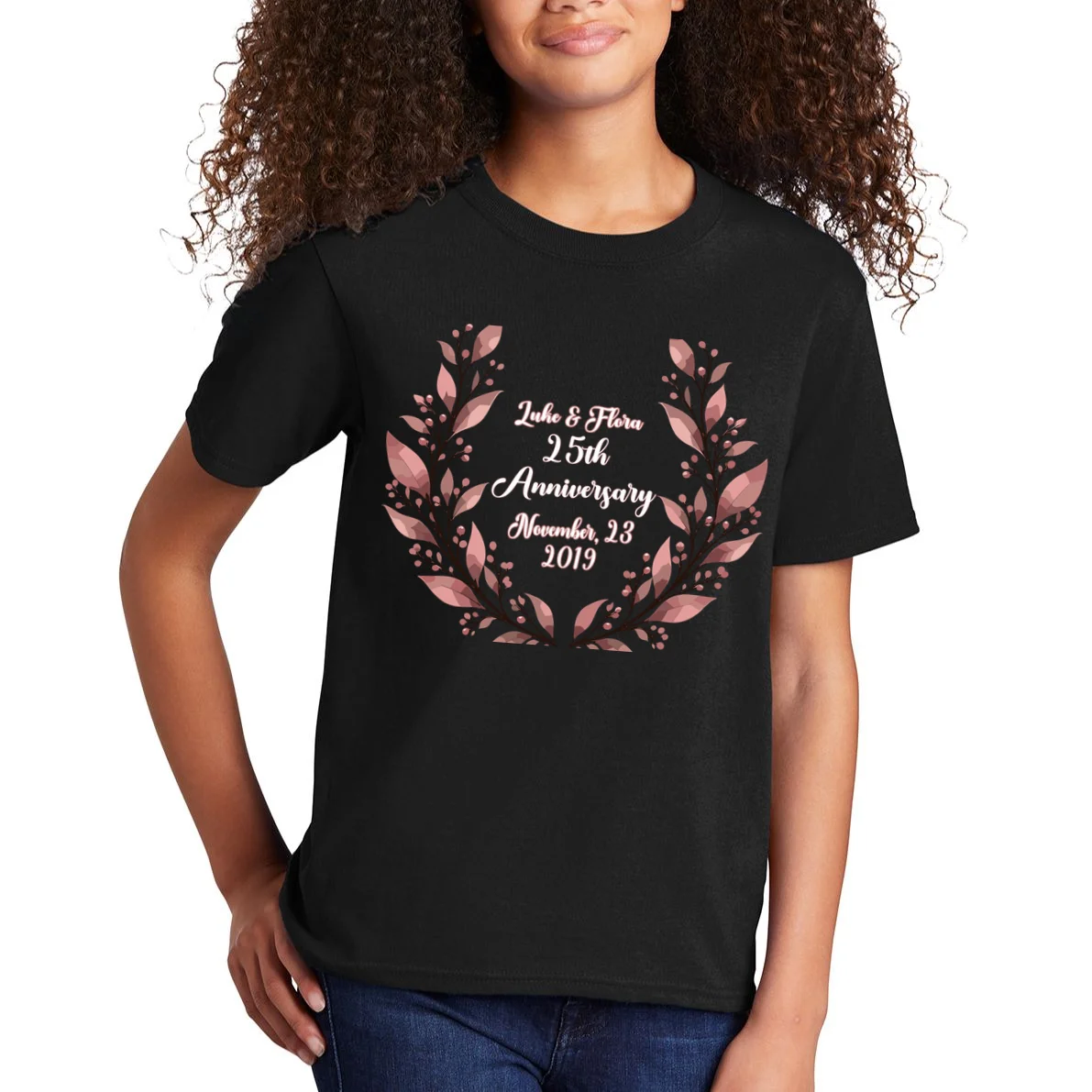 Elegant Blush Floral 25th Anniversary Celebration Kids T-Shirt - Front 1