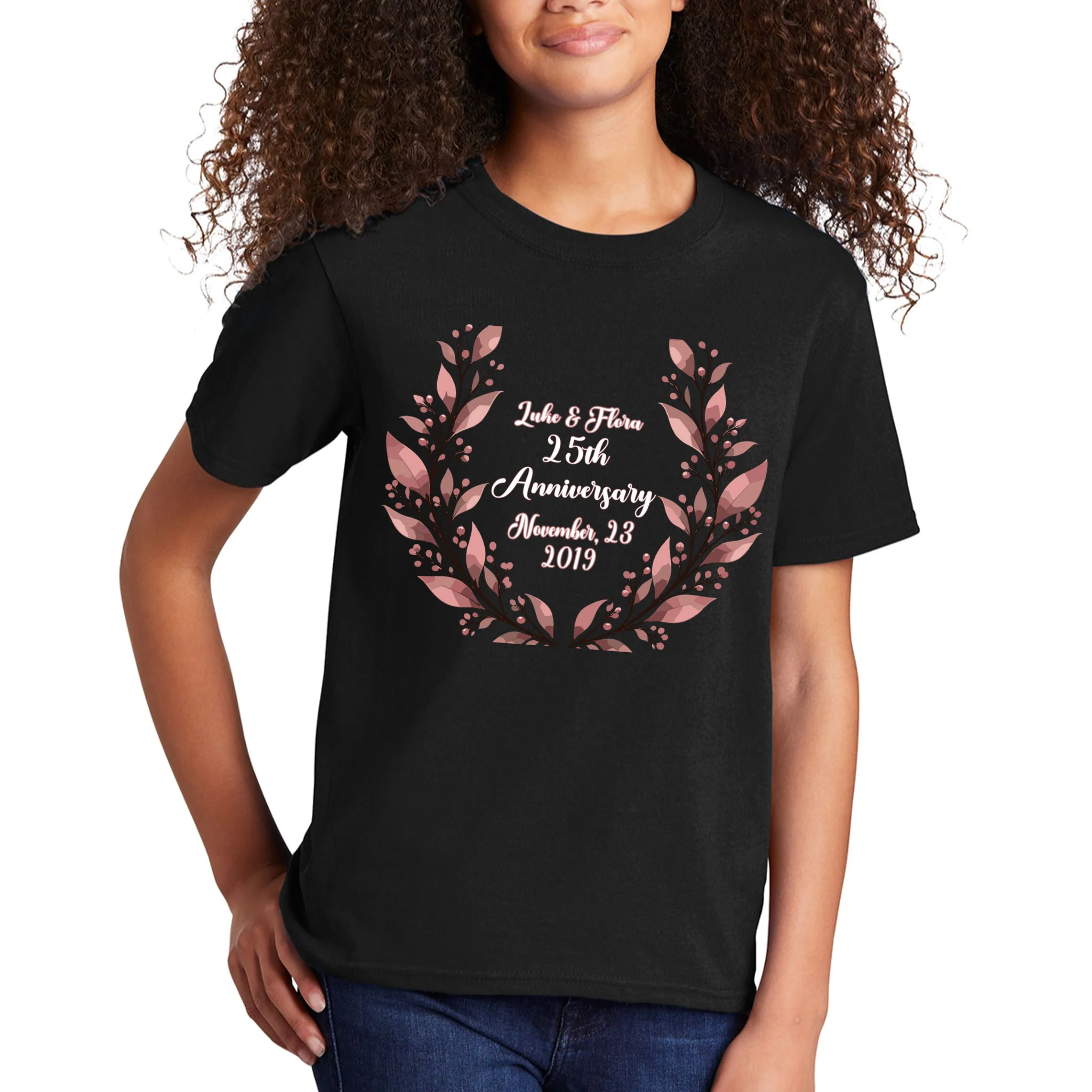 Elegant Blush Floral 25th Anniversary Celebration Kids T-Shirt - Front 1