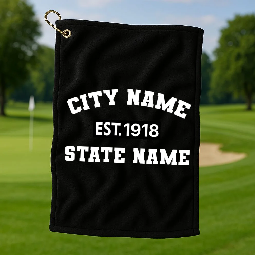 Custom City State Classic Vintage Est Year Customizable Golf Towel - Front 1