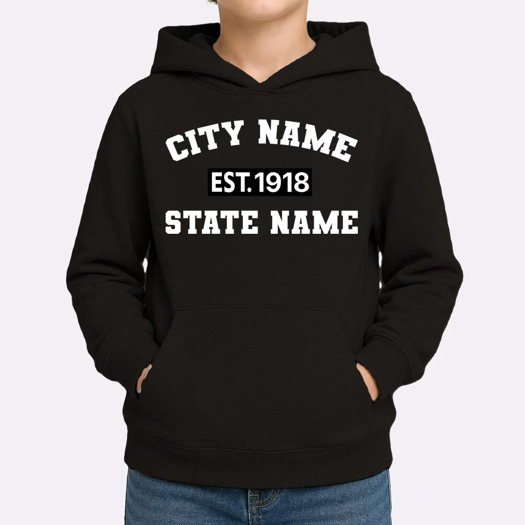 Custom City State Classic Vintage Est Year Customizable Kids Hoodie - Front 1