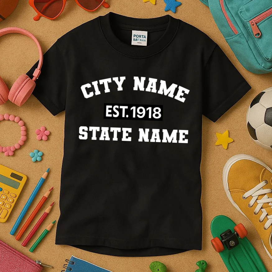 Custom City State Classic Vintage Est Year Customizable Kids T-Shirt - Front 2