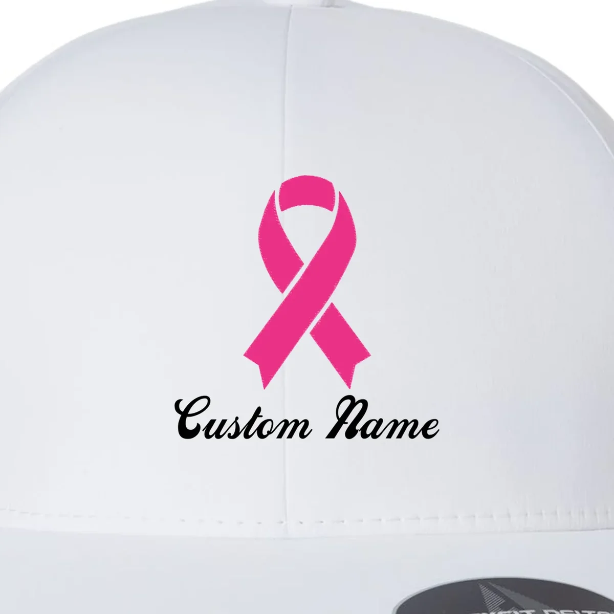 Breast Cancer Awareness Ribbon Custom Name Personalized Flexfit Men's Snapback Hat - Front - Close-up