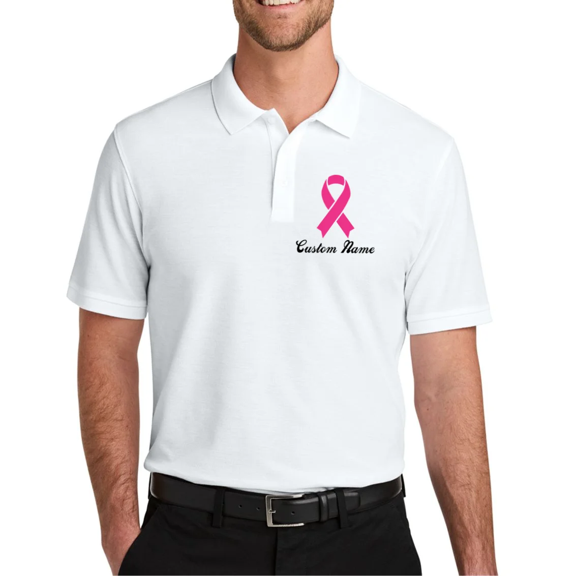 Breast Cancer Awareness Ribbon Custom Name Personalized Men's Polo - Front 1