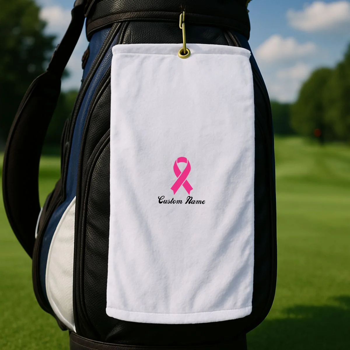 Breast Cancer Awareness Ribbon Custom Name Personalized Golf Towel - Front 2
