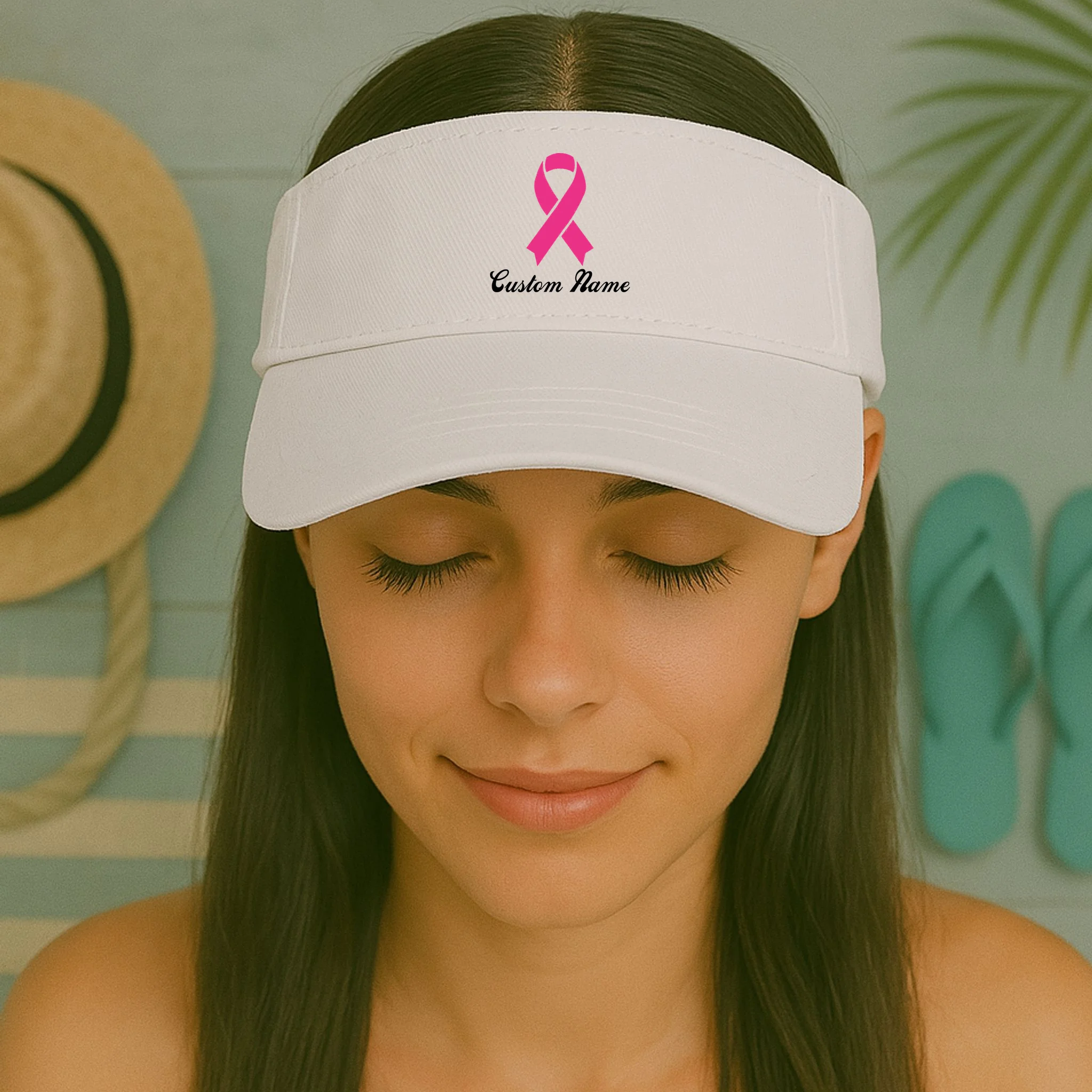 Breast Cancer Awareness Ribbon Custom Name Personalized Visor - Front 1