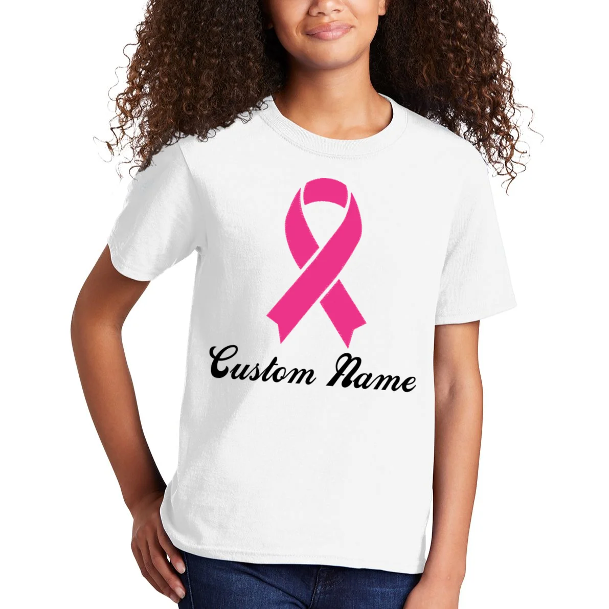 Breast Cancer Awareness Ribbon Custom Name Personalized Kids T-Shirt - Front 1
