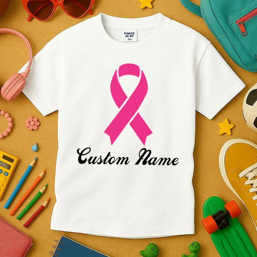 Breast Cancer Awareness Ribbon Custom Name Personalized Kids T-Shirt - Front 2