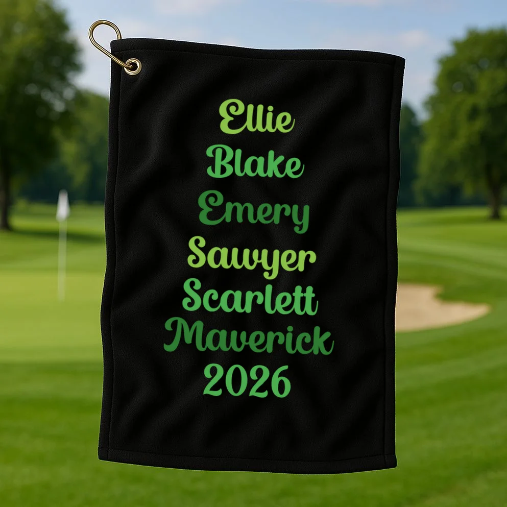 Elegant Green Script Names – Minimalist Typography Design Golf Towel - Front 1