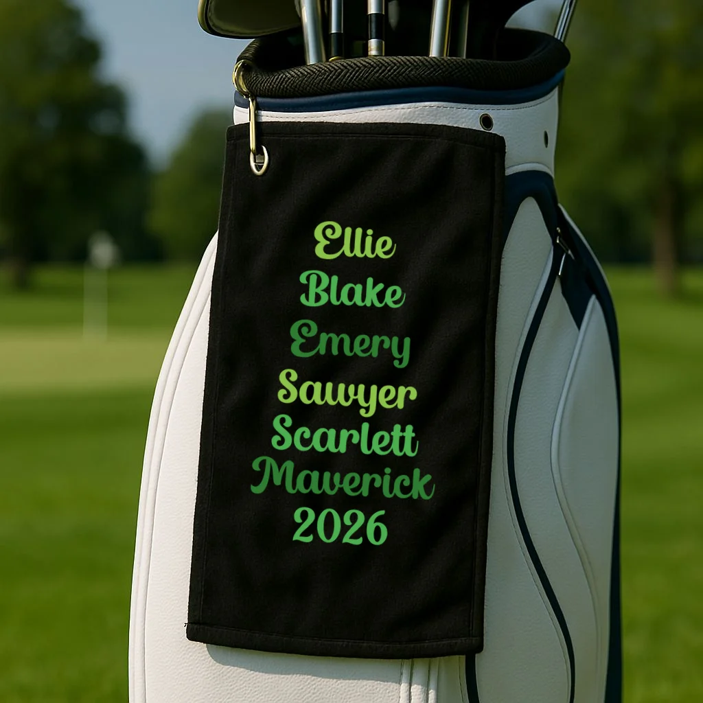 Elegant Green Script Names – Minimalist Typography Design Golf Towel - Front 2