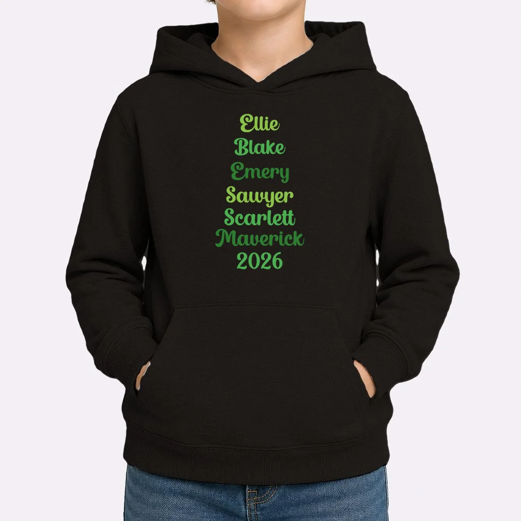 Elegant Green Script Names – Minimalist Typography Design Kids Hoodie - Front 1