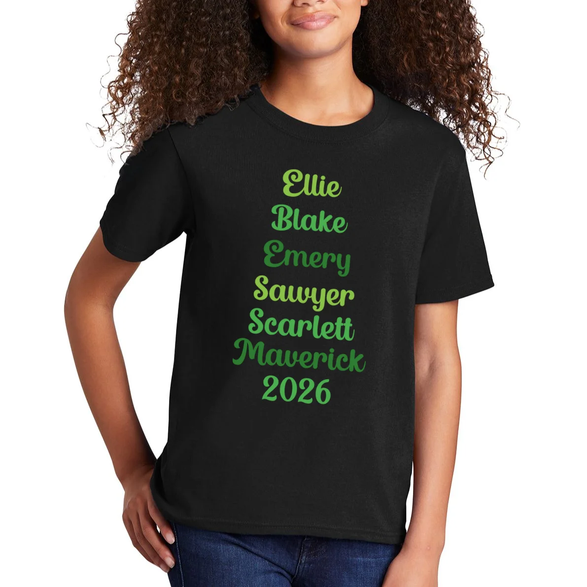 Elegant Green Script Names – Minimalist Typography Design Kids T-Shirt - Front 1