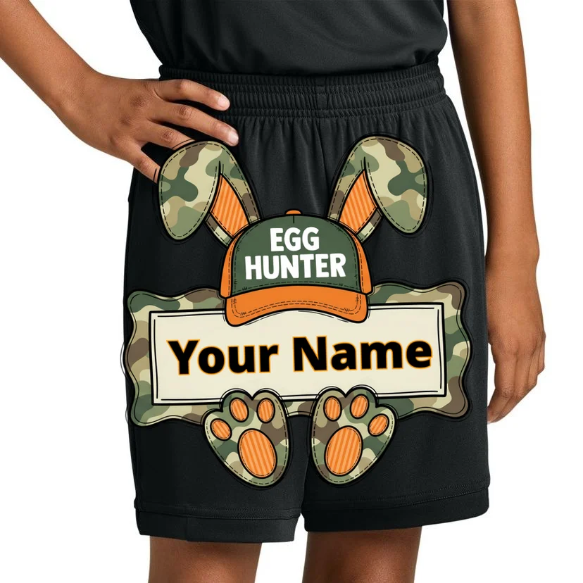 EGG HUNTER Your Name Personalized Easter Egg Hunter Custom Name Camo Bunny Rabbit Kids Shorts - Front 1