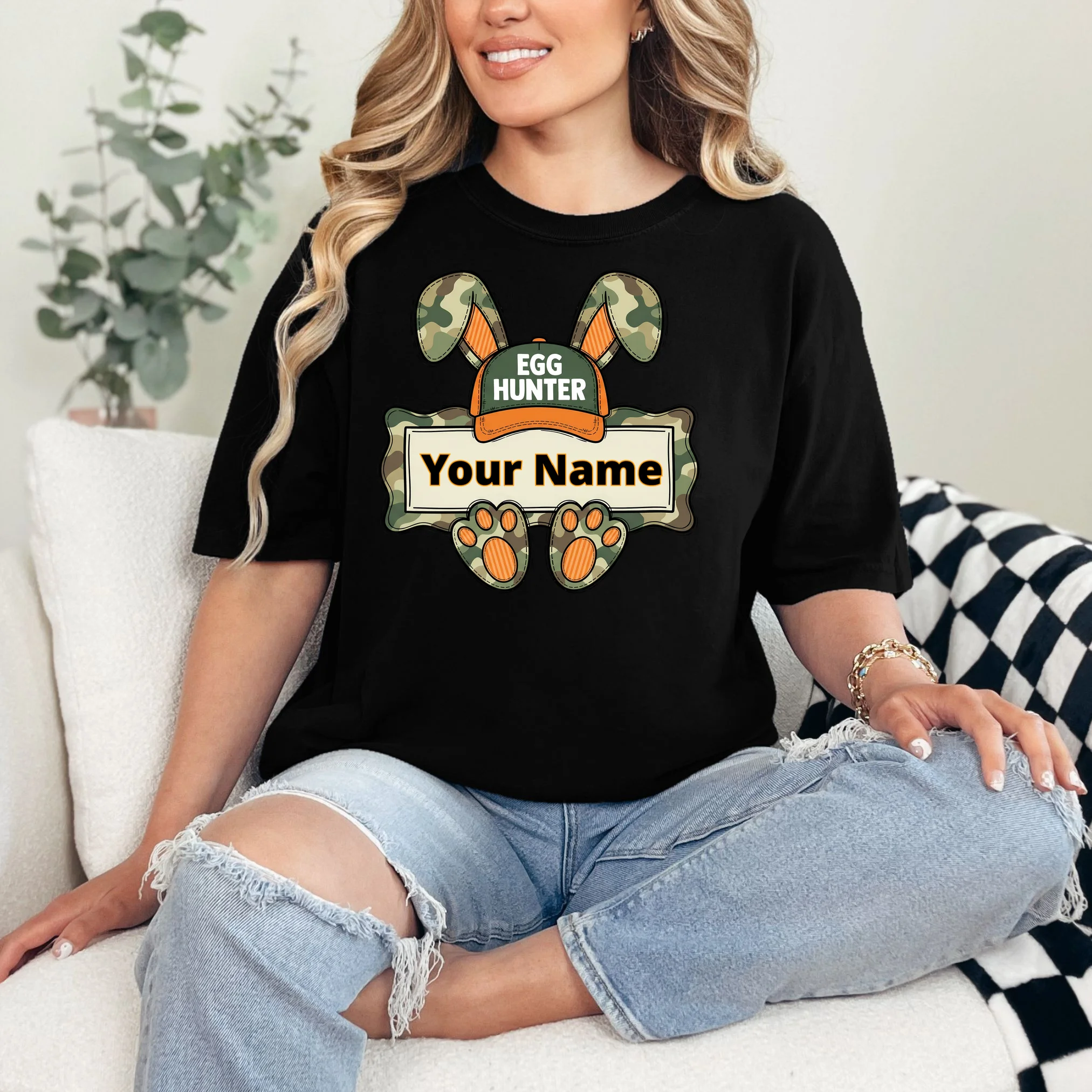 EGG HUNTER Your Name Personalized Easter Egg Hunter Custom Name Camo Bunny Rabbit T-Shirt - Front 1