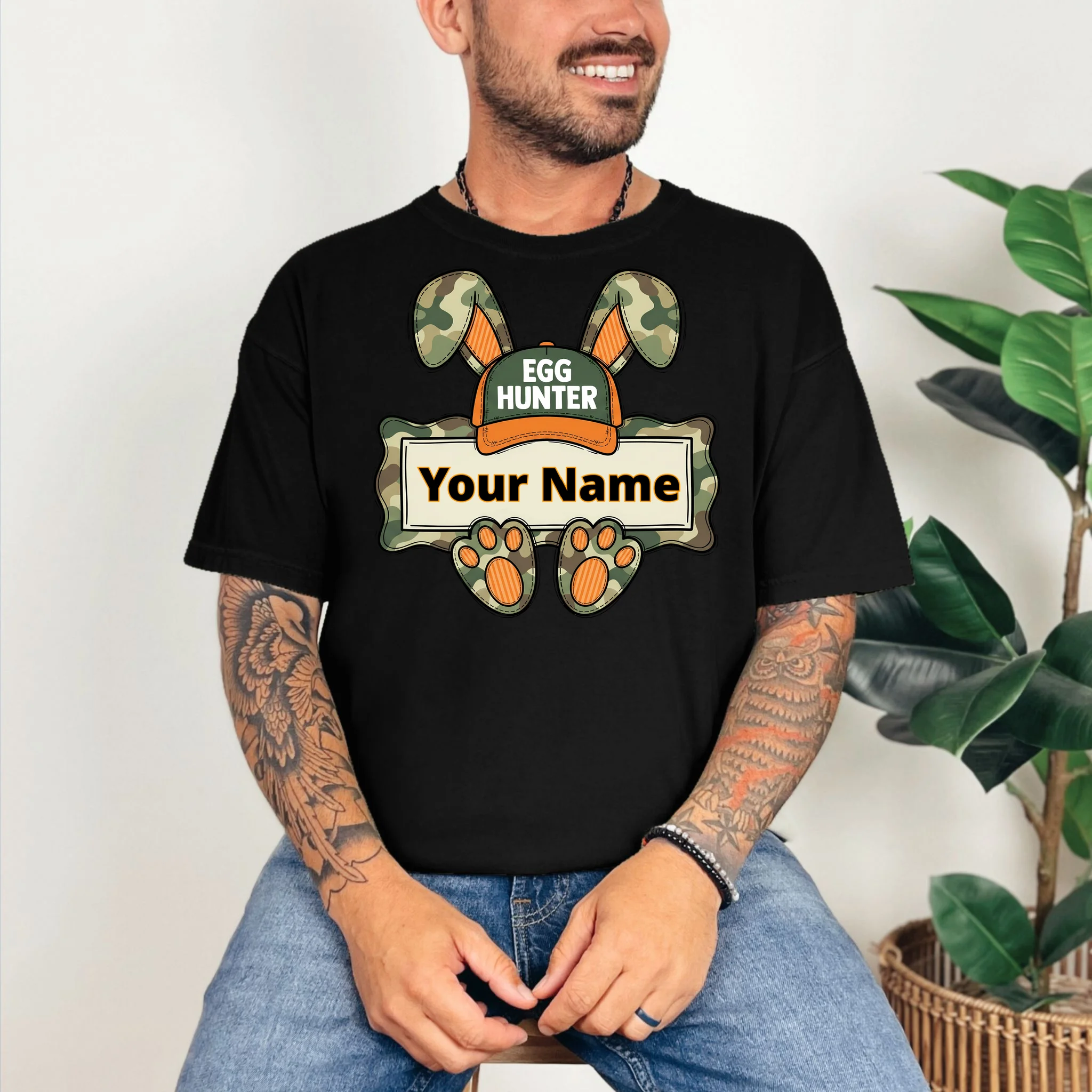 EGG HUNTER Your Name Personalized Easter Egg Hunter Custom Name Camo Bunny Rabbit T-Shirt - Front 2