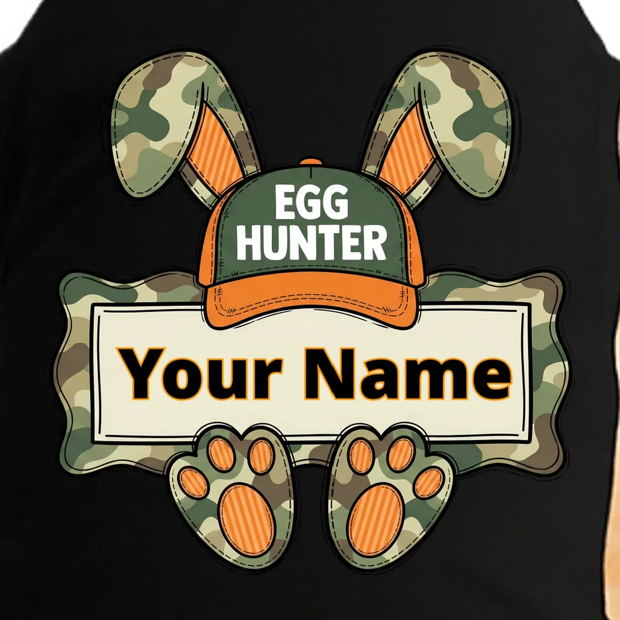 EGG HUNTER Your Name Personalized Easter Egg Hunter Custom Name Camo Bunny Rabbit Doggie Tank - Front - Close-up