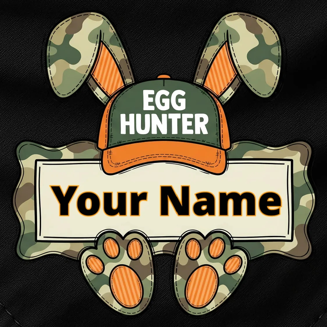 EGG HUNTER Your Name Personalized Easter Egg Hunter Custom Name Camo Bunny Rabbit Dog Bandana - Front - Close-up