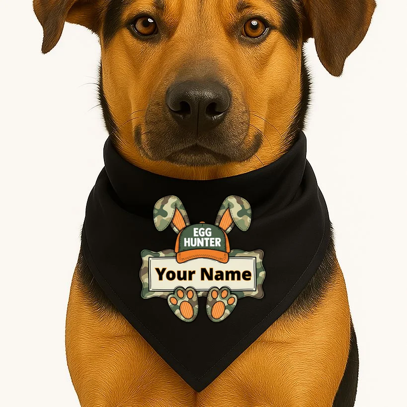 EGG HUNTER Your Name Personalized Easter Egg Hunter Custom Name Camo Bunny Rabbit Dog Bandana - Front 1