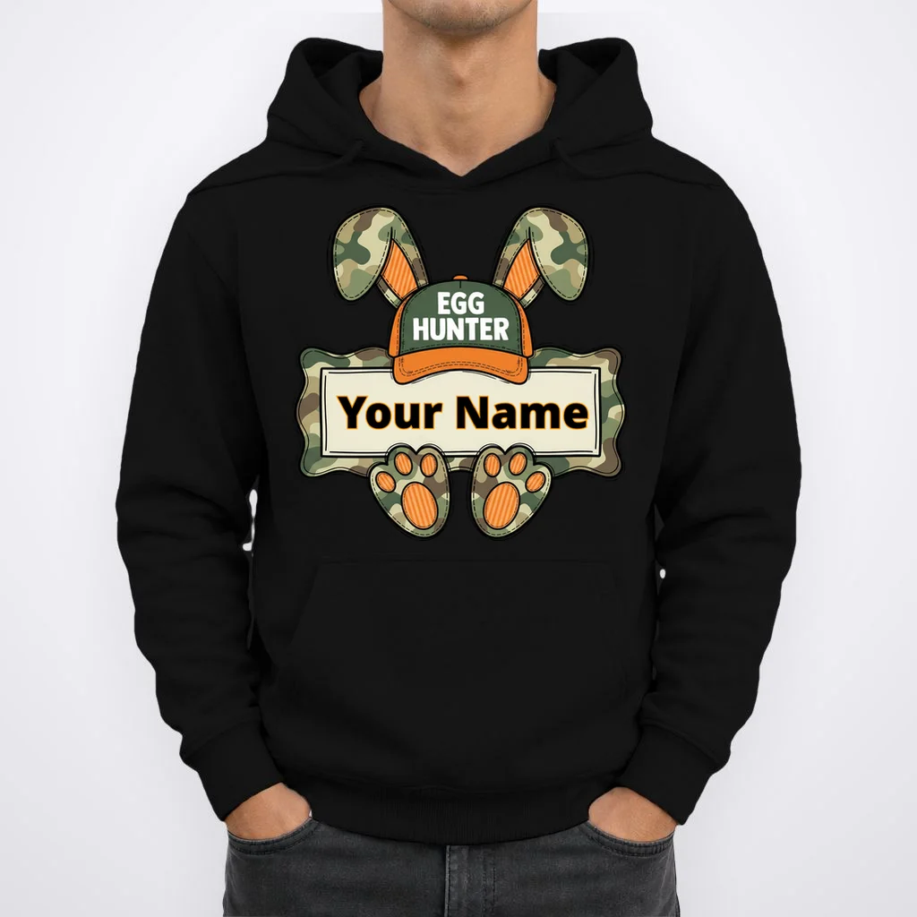 EGG HUNTER Your Name Personalized Easter Egg Hunter Custom Name Camo Bunny Rabbit Hoodie - Front 1