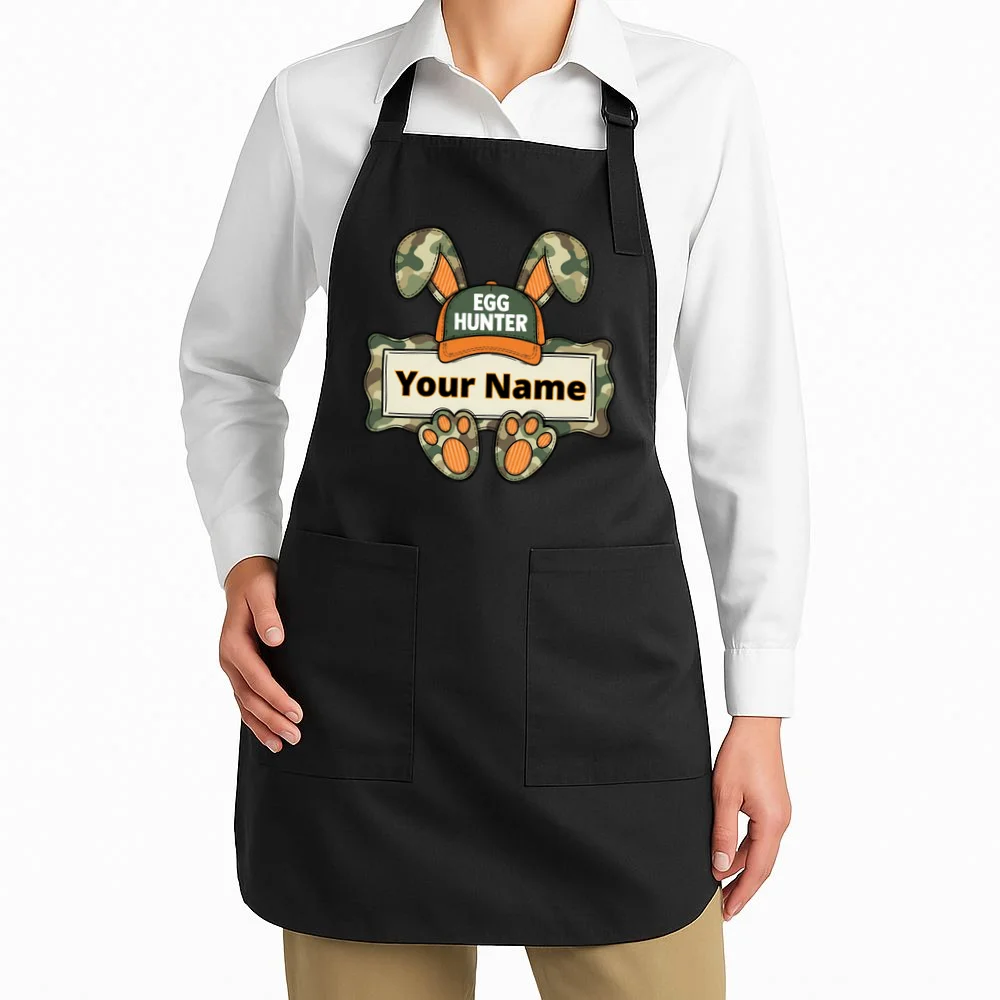 EGG HUNTER Your Name Personalized Easter Egg Hunter Custom Name Camo Bunny Rabbit Apron - Front 1