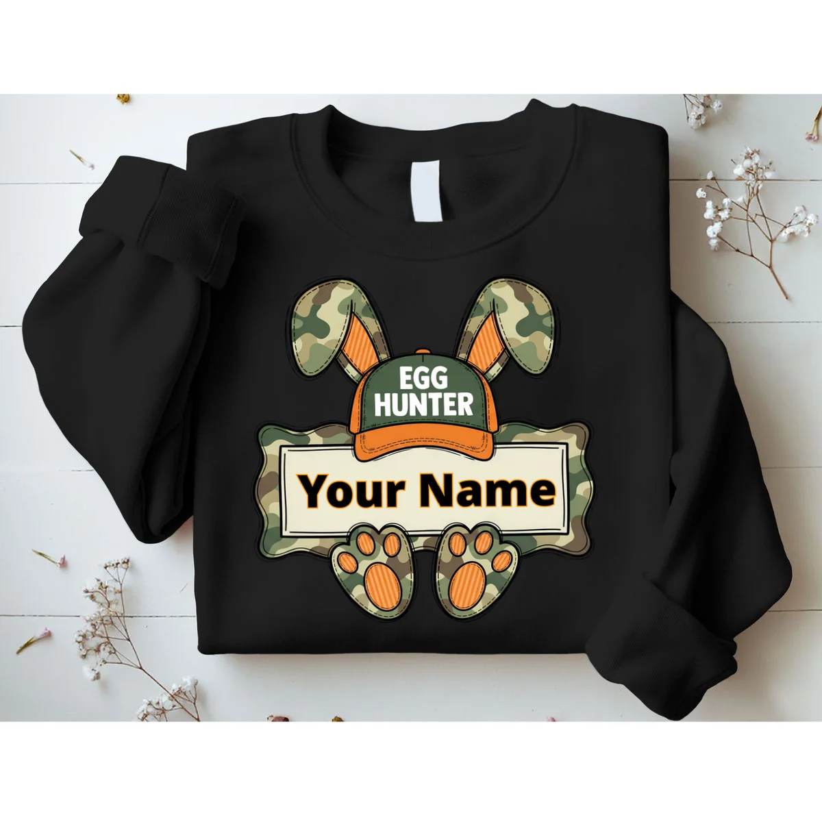 EGG HUNTER Your Name Personalized Easter Egg Hunter Custom Name Camo Bunny Rabbit Sweatshirt - Front 1