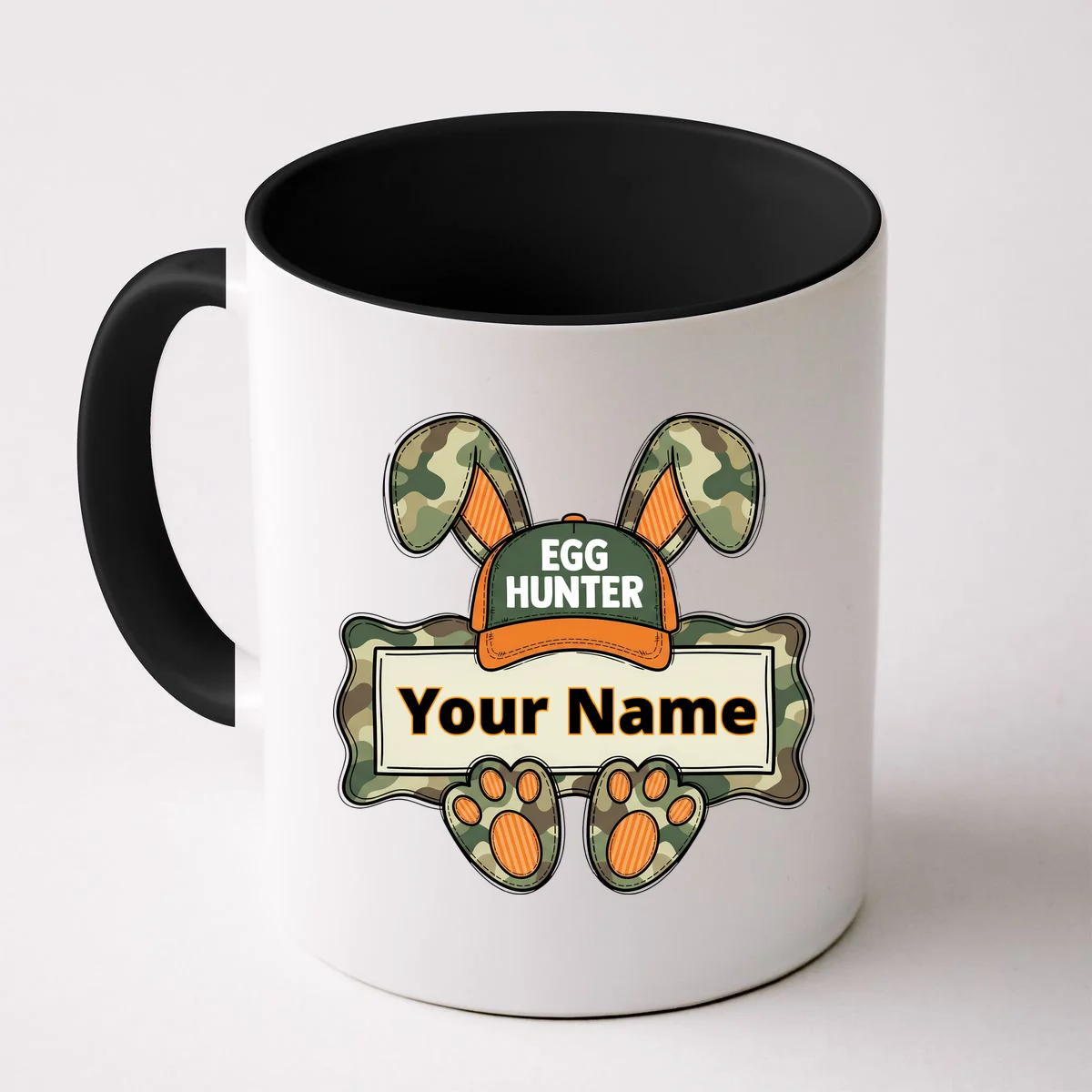 EGG HUNTER Your Name Personalized Easter Egg Hunter Custom Name Camo Bunny Rabbit Coffee Mug - Front