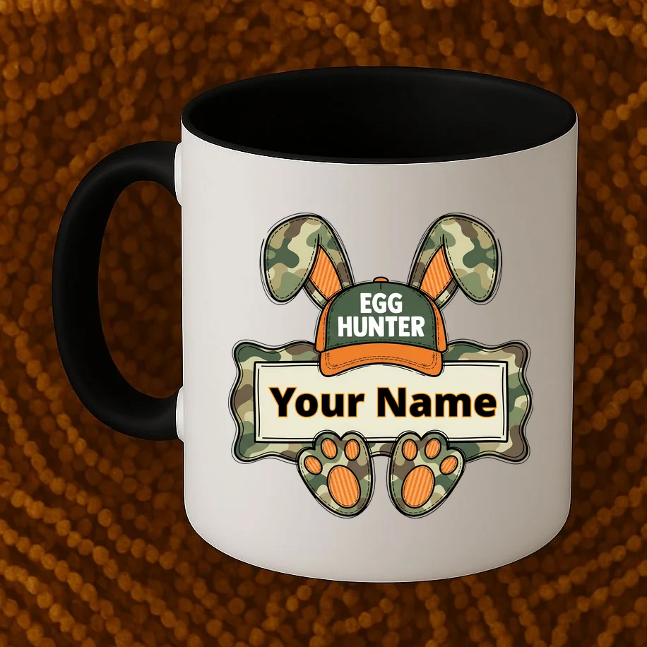 EGG HUNTER Your Name Personalized Easter Egg Hunter Custom Name Camo Bunny Rabbit Coffee Mug - Front 1