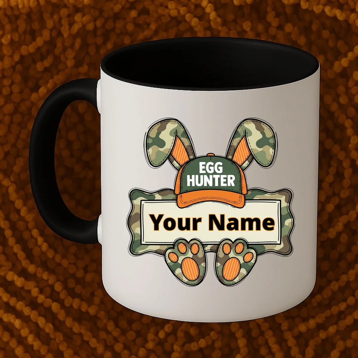 EGG HUNTER Your Name Personalized Easter Egg Hunter Custom Name Camo Bunny Rabbit Coffee Mug - Front 1