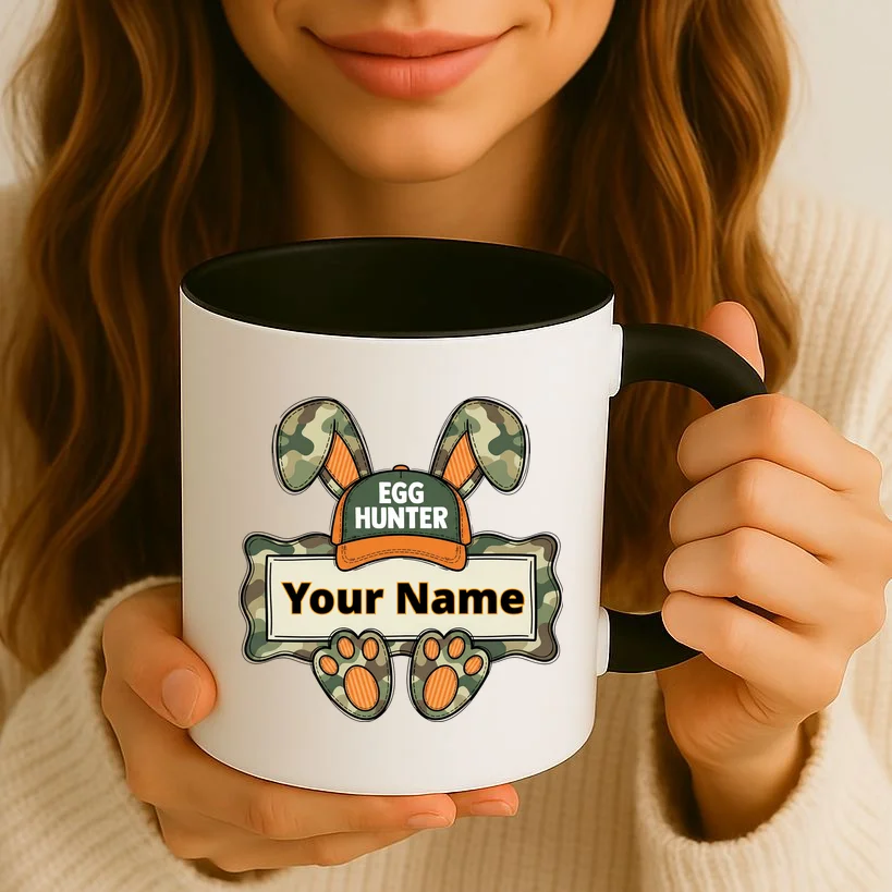 EGG HUNTER Your Name Personalized Easter Egg Hunter Custom Name Camo Bunny Rabbit Coffee Mug - Front 2