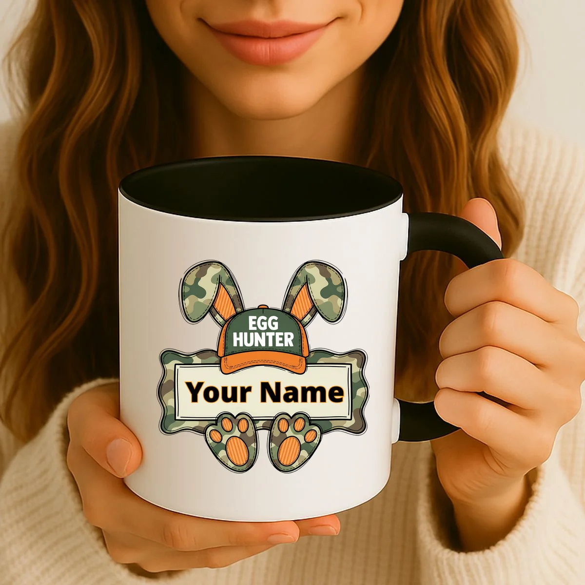 EGG HUNTER Your Name Personalized Easter Egg Hunter Custom Name Camo Bunny Rabbit Coffee Mug - Front 2