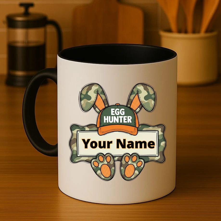EGG HUNTER Your Name Personalized Easter Egg Hunter Custom Name Camo Bunny Rabbit Coffee Mug - Front 3