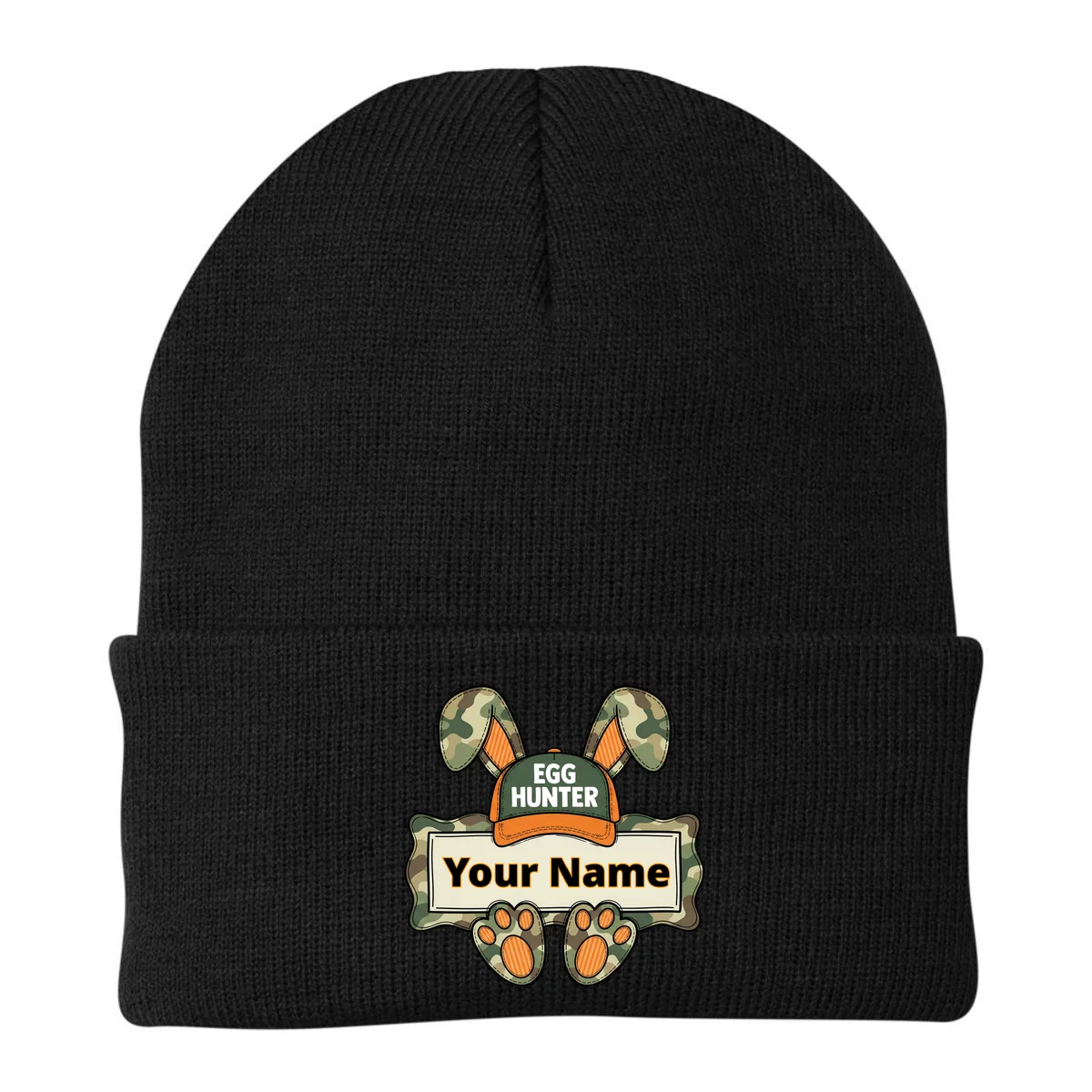 EGG HUNTER Your Name Personalized Easter Egg Hunter Custom Name Camo Bunny Rabbit Beanie - Front