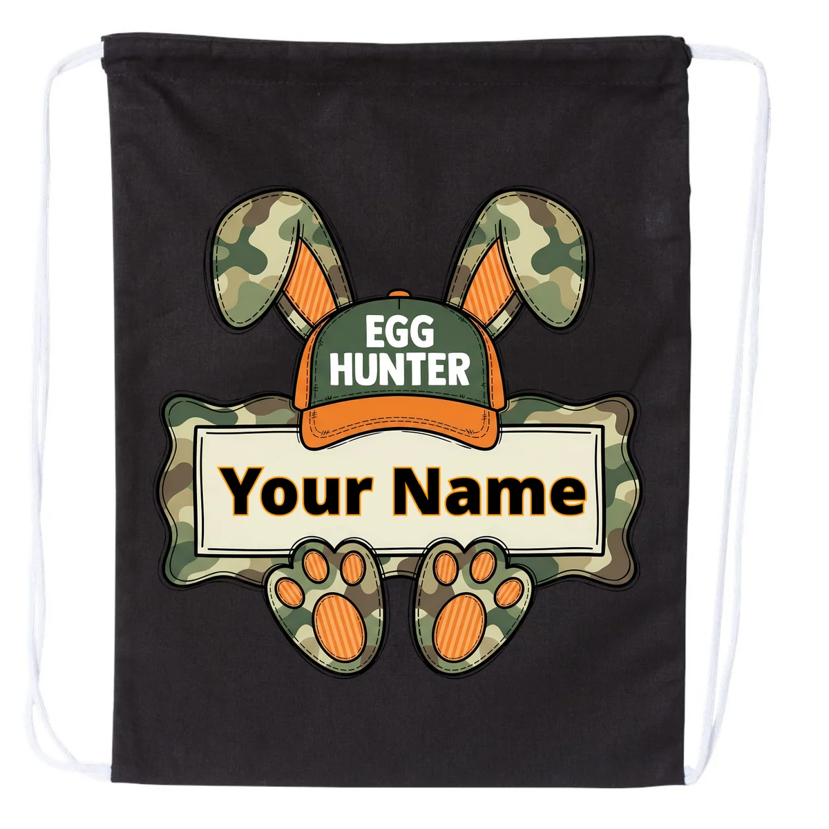 EGG HUNTER Your Name Personalized Easter Egg Hunter Custom Name Camo Bunny Rabbit Drawstring Bag - Front