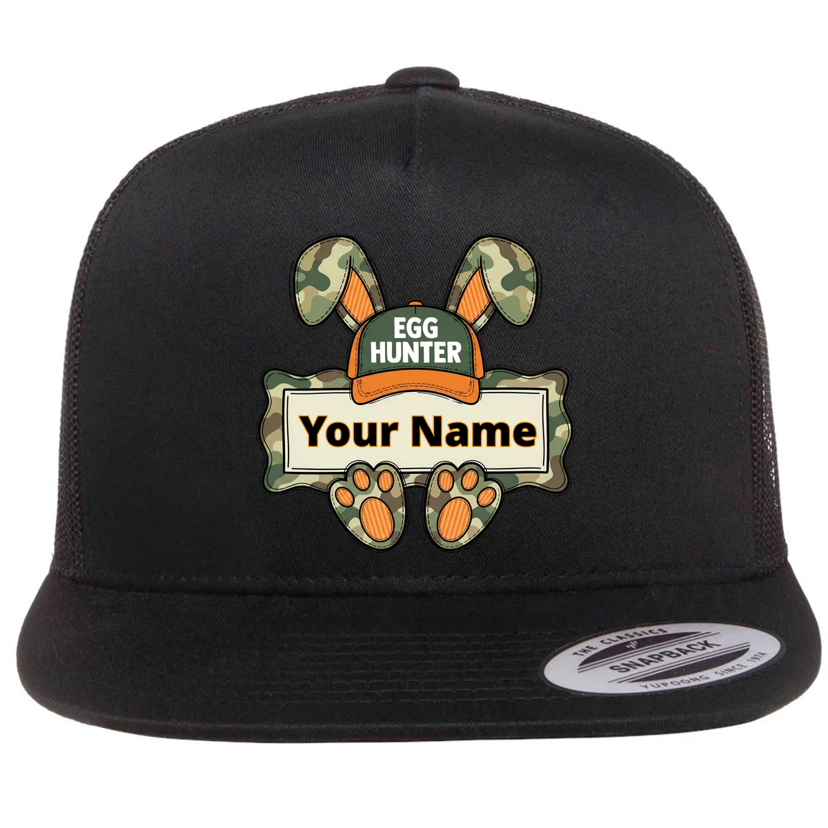 EGG HUNTER Your Name Personalized Easter Egg Hunter Custom Name Camo Bunny Rabbit Flat Bill Trucker Hat - Front