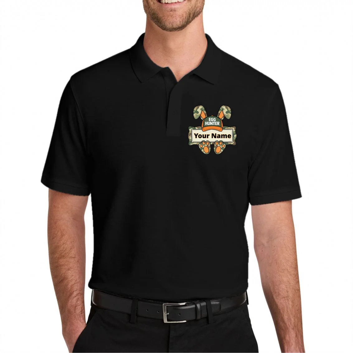 EGG HUNTER Your Name Personalized Easter Egg Hunter Custom Name Camo Bunny Rabbit Men's Polo - Front 1